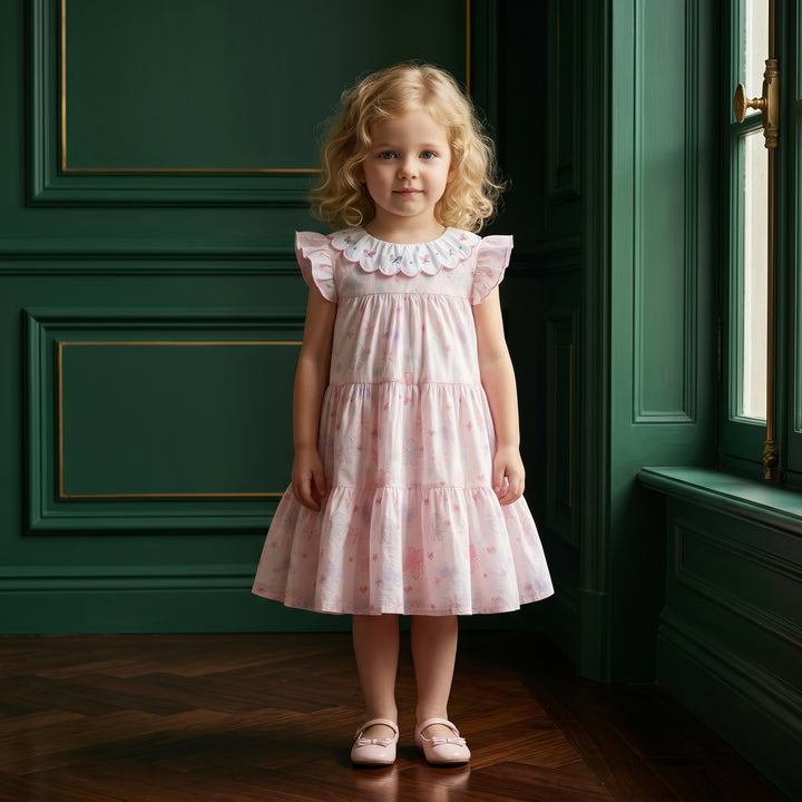 Girls Pink Butterfly Print Mesh Dress
