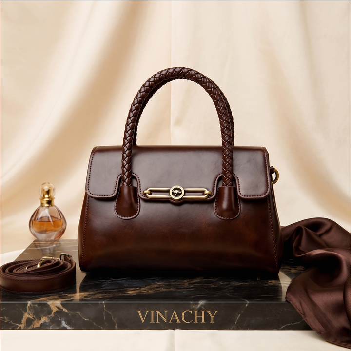 Women’s Woven-Handle Leather Handbag | حقيبة جلد نسائية بمقبض منسوج