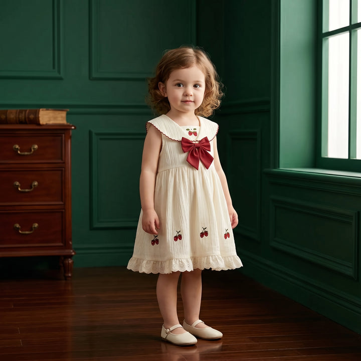 Girls Cherry Embroidered Check Dress