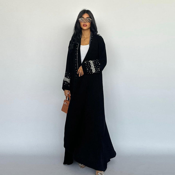 Black Embellished Open Abaya With Headscarf | عباية سوداء مفتوحة مزينة مع طرحة