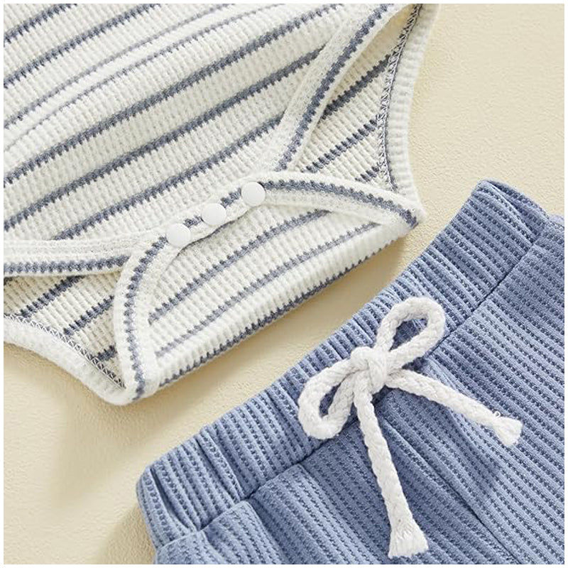 Baby Boys’ Waffle Romper & Shorts Set Size 80–100 | طقم طفل رومبر وشورت وافل مقاس ٨٠–١٠٠