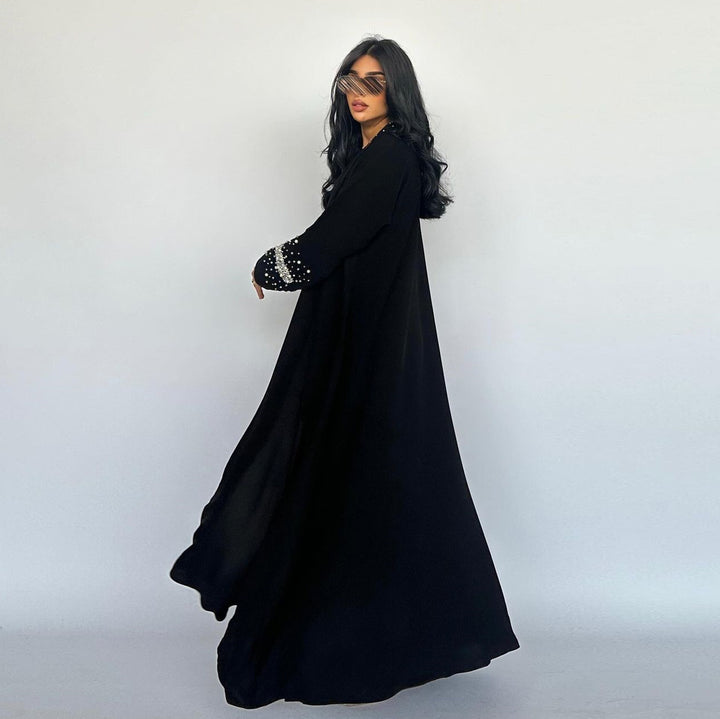 Black Embellished Open Abaya With Headscarf | عباية سوداء مفتوحة مزينة مع طرحة