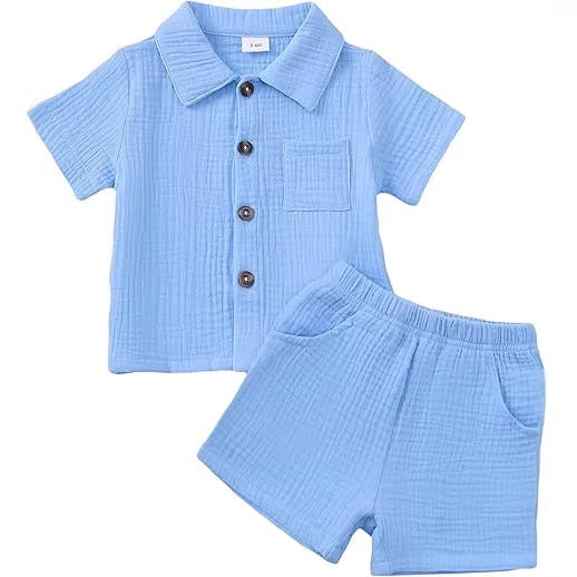 Baby Boys’ Cotton Blend Shirt & Shorts Set 0–24M | طقم طفل قميص وشورت بخامة قطنية لعمر ٠–٢٤ شهر