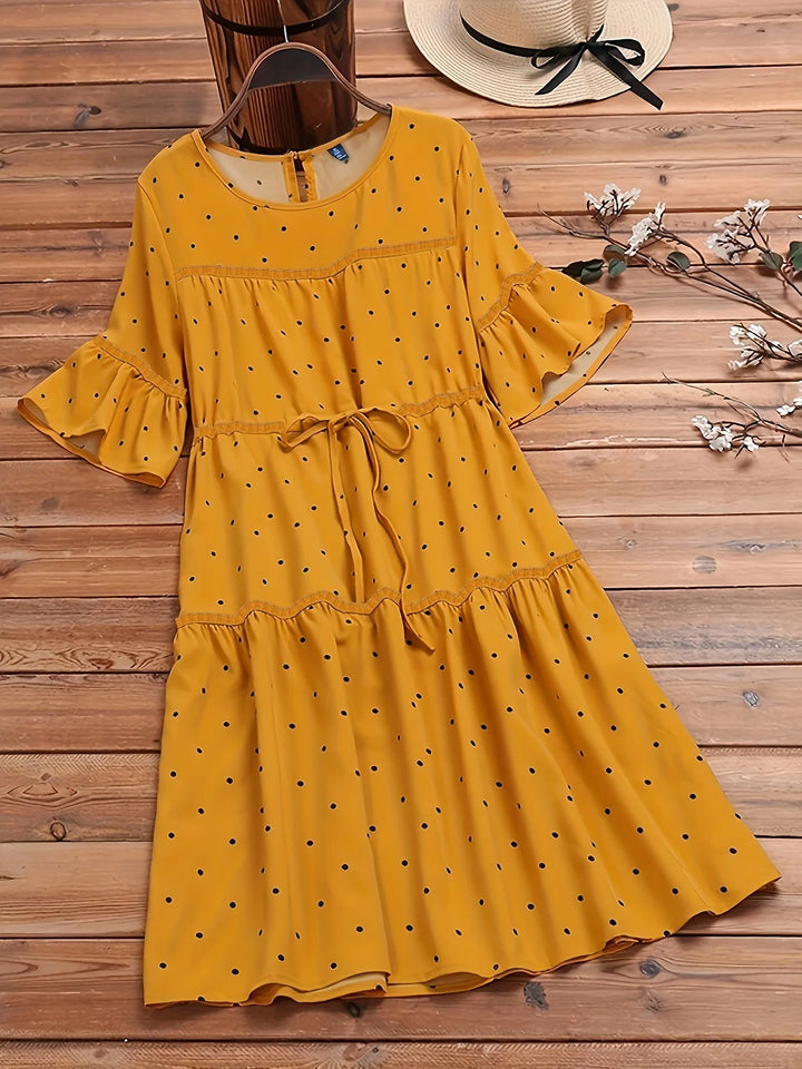 Women’s Plus Size Polka Dot Lounge Dress | فستان بيت صيفي منقط واسع - Gold