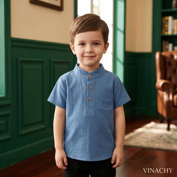Boys’ Mandarin Collar Linen-Cotton Shirt | قميص أطفال بياقة ماندارين