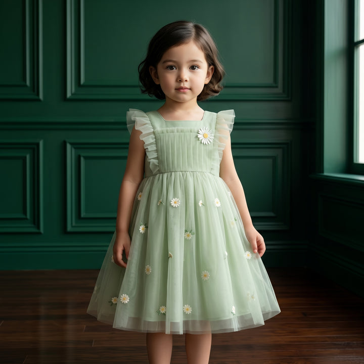 Girls Green Embroidered Mesh Dress
