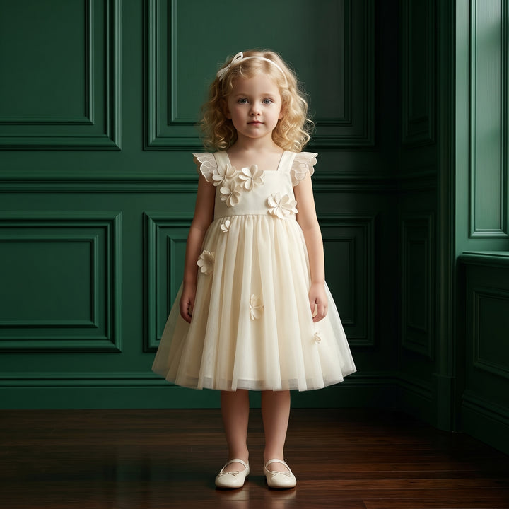 Girls Light Yellow Embroidered Mesh Dress