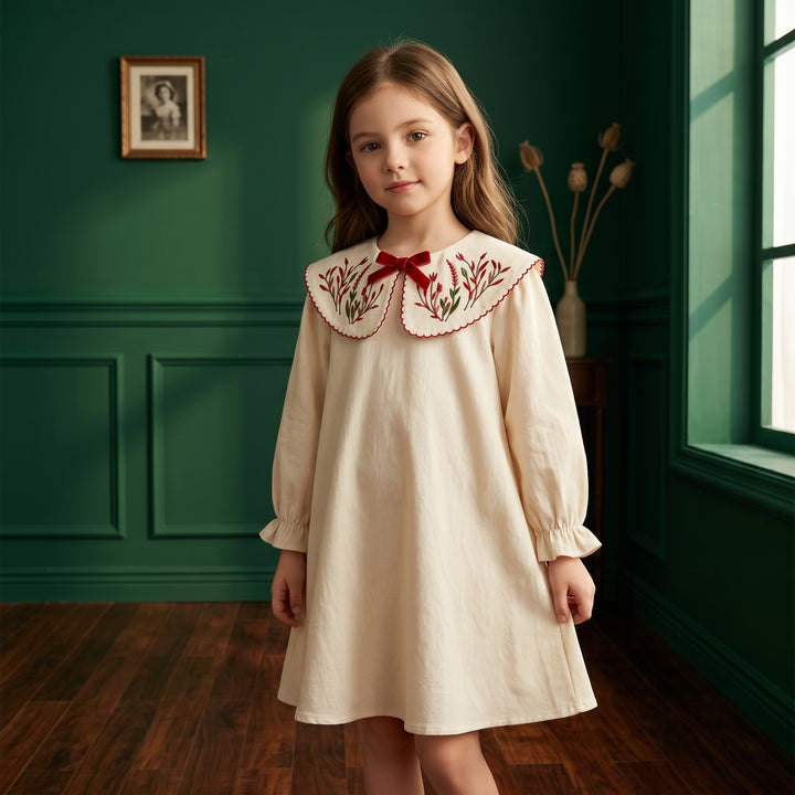 Girls Beige Embroidered Peter Pan Dress