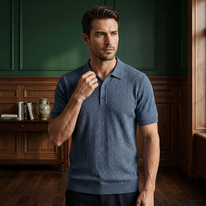 Men’s Textured Knit V-Neck Polo Shirt
