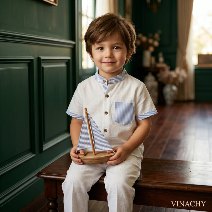 Boys’ 2T–6T Striped Mandarin Collar Shirt | قميص أطفال مخطط بياقة ماندارين لعمر ٢–٦ سنوات