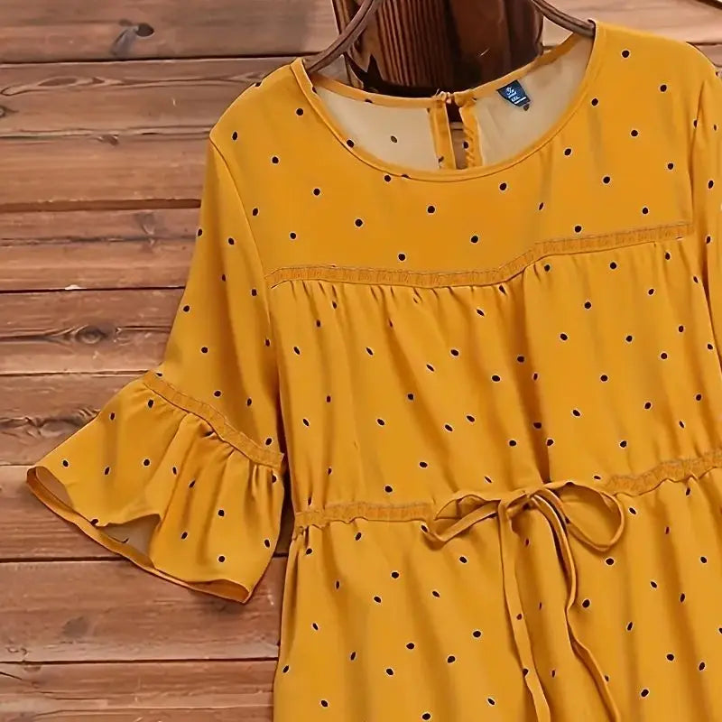 Women’s Plus Size Polka Dot Lounge Dress | فستان بيت صيفي منقط واسع - Gold