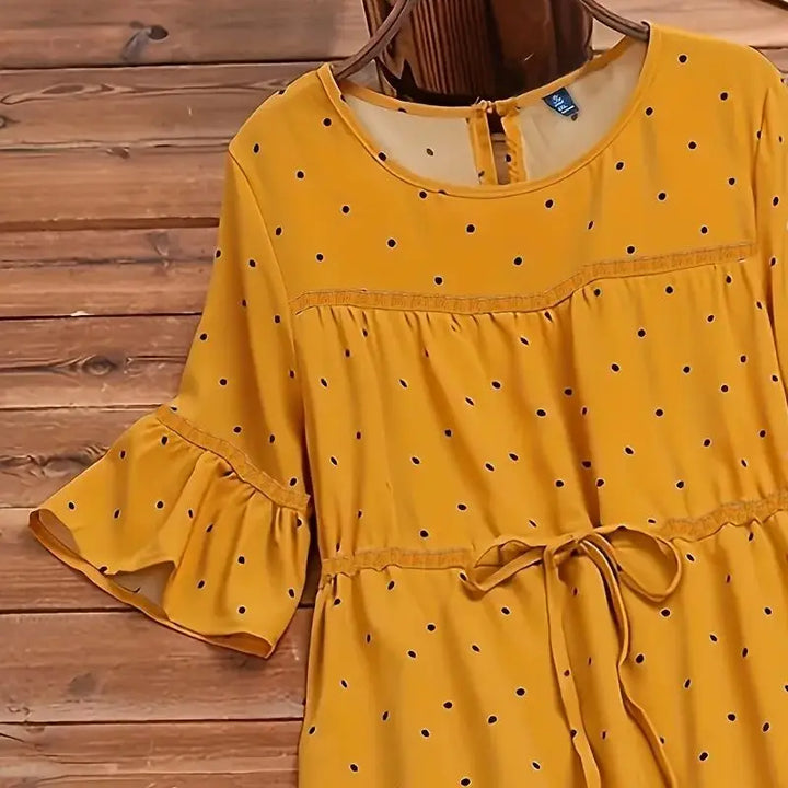 Women’s Plus Size Polka Dot Lounge Dress | فستان بيت صيفي منقط واسع - Gold