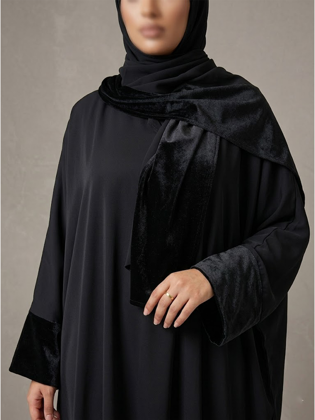 Black Abaya – Nida Fabric with Velvet Details
