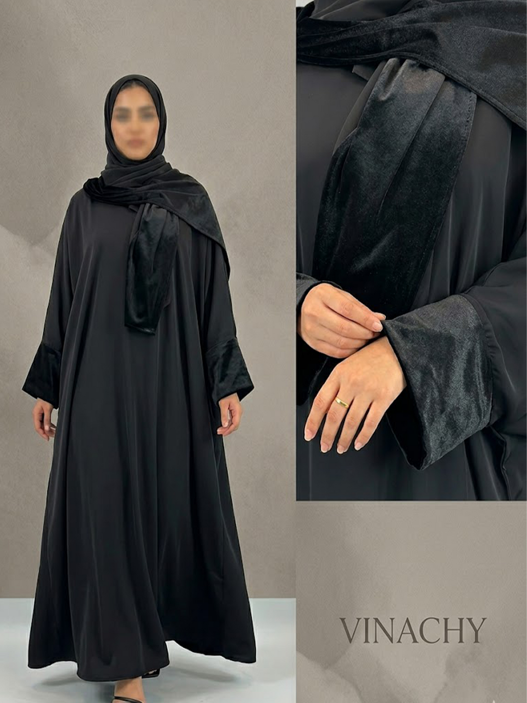 Black Abaya – Nida Fabric with Velvet Details