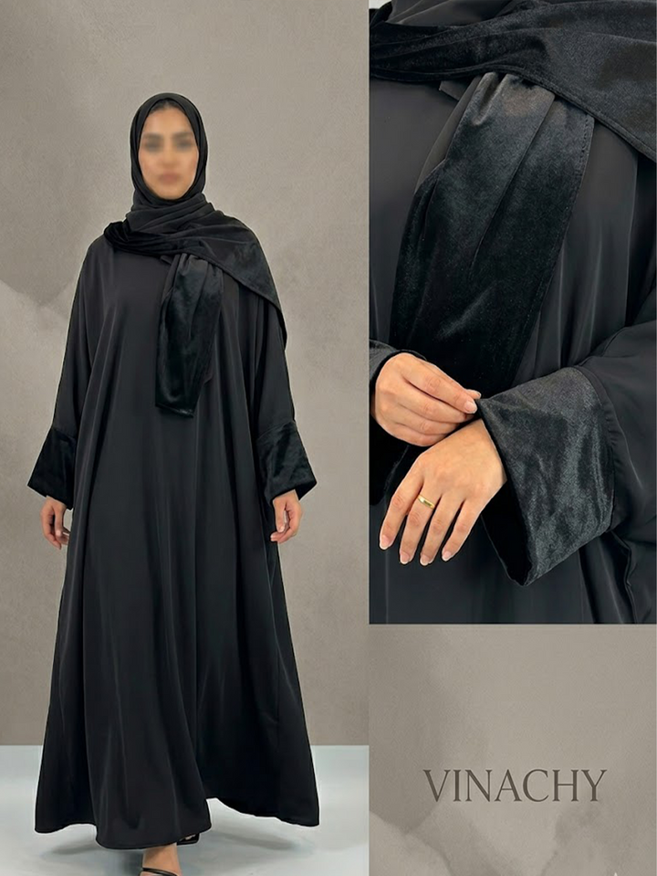 Black Abaya – Nida Fabric with Velvet Details