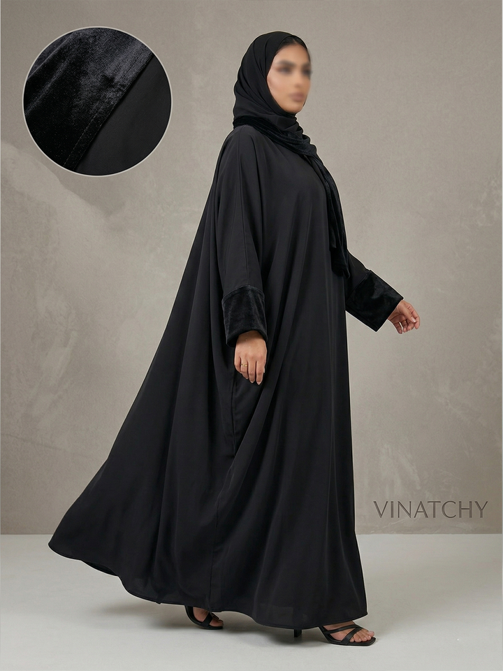 Black Abaya – Nida Fabric with Velvet Details