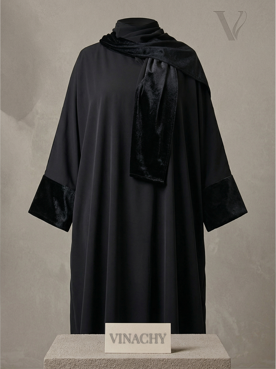 Black Abaya – Nida Fabric with Velvet Details