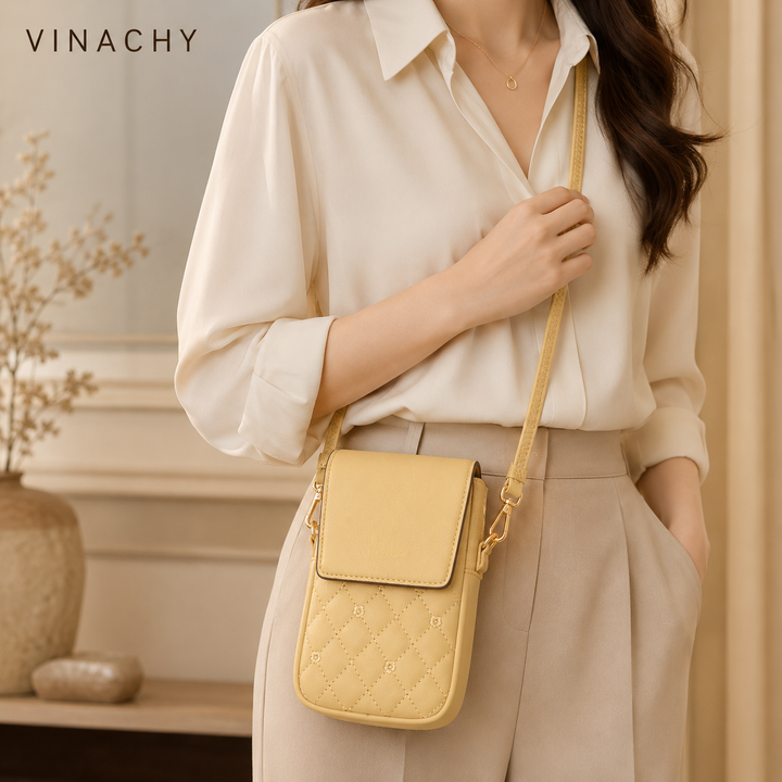 Women’s Plaid Stitch Crossbody Phone Bag | حقيبة هاتف نسائية كروس بودي بتفاصيل مربعة