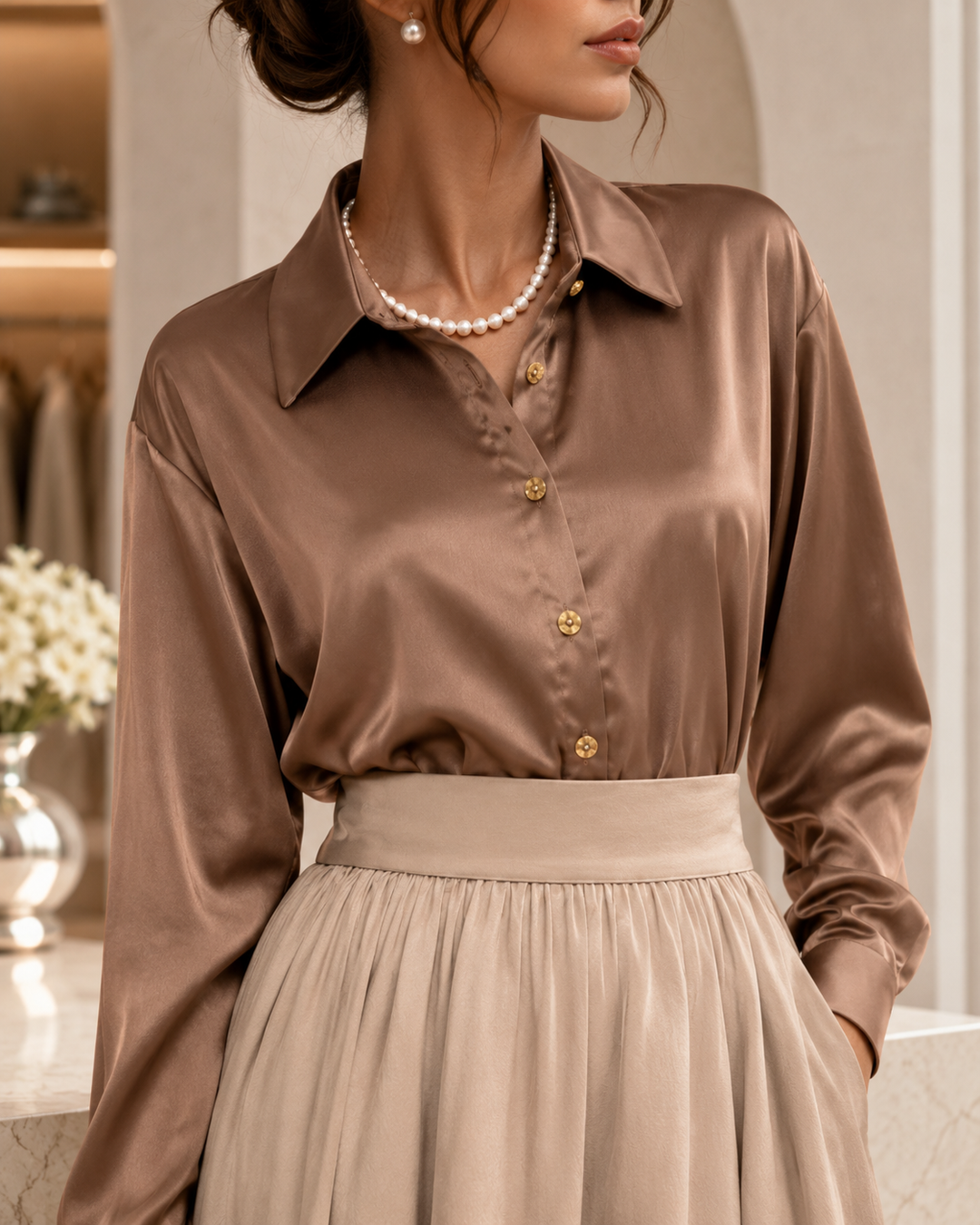 Women’s Luxury Satin Button-Up Blouse | بلوزة نسائية ساتان فاخرة بأزرار