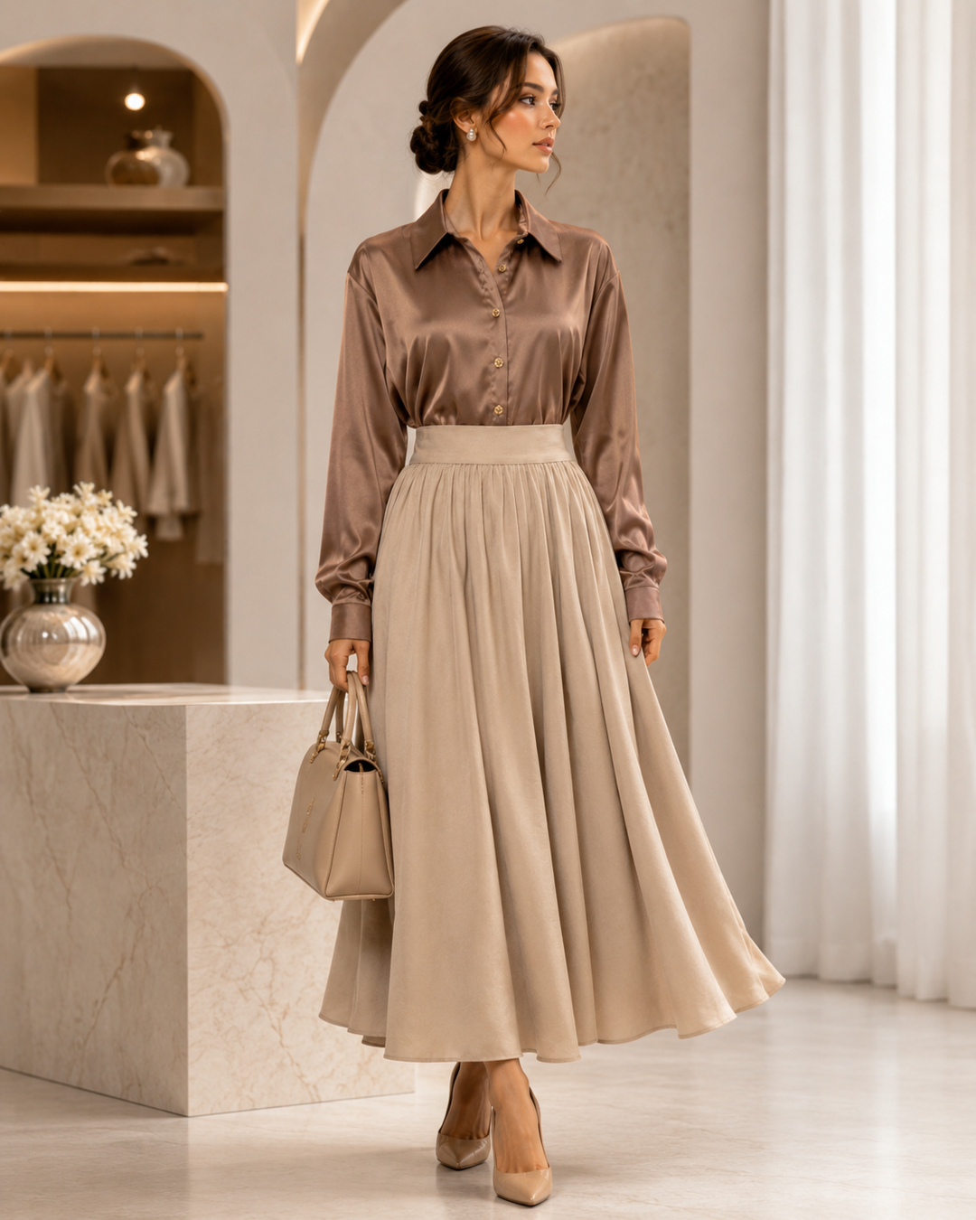 Women’s Luxury Satin Button-Up Blouse | بلوزة نسائية ساتان فاخرة بأزرار