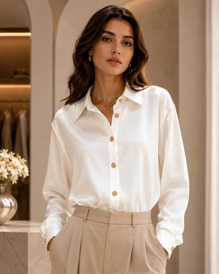 Women’s Luxury Satin Button-Up Blouse | بلوزة نسائية ساتان فاخرة بأزرار
