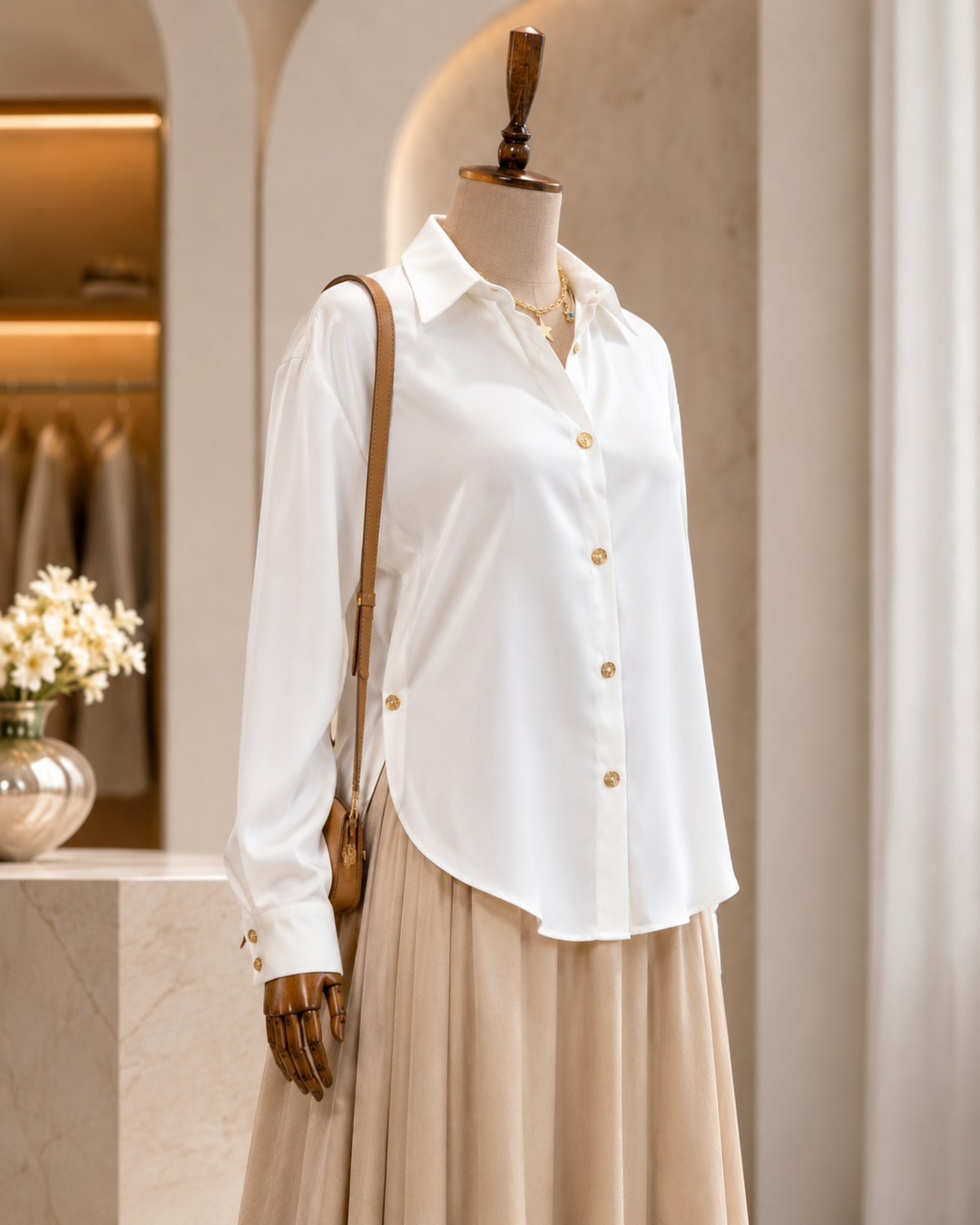 Women’s Luxury Satin Button-Up Blouse | بلوزة نسائية ساتان فاخرة بأزرار