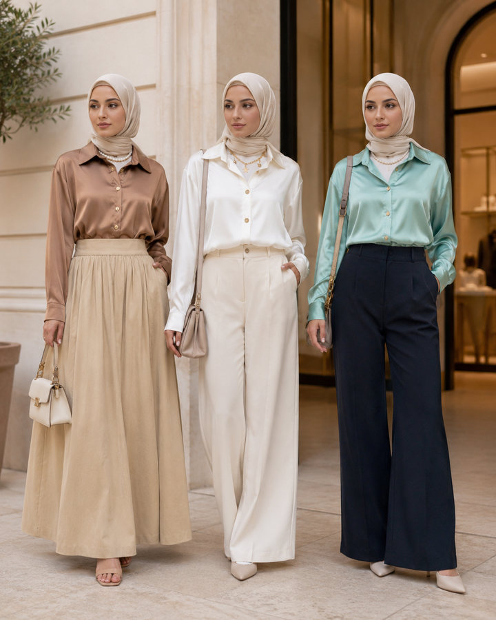 Women’s Luxury Satin Button-Up Blouse | بلوزة نسائية ساتان فاخرة بأزرار