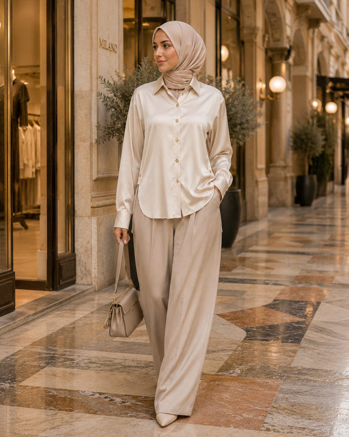Women’s Luxury Satin Button-Up Blouse | بلوزة نسائية ساتان فاخرة بأزرار