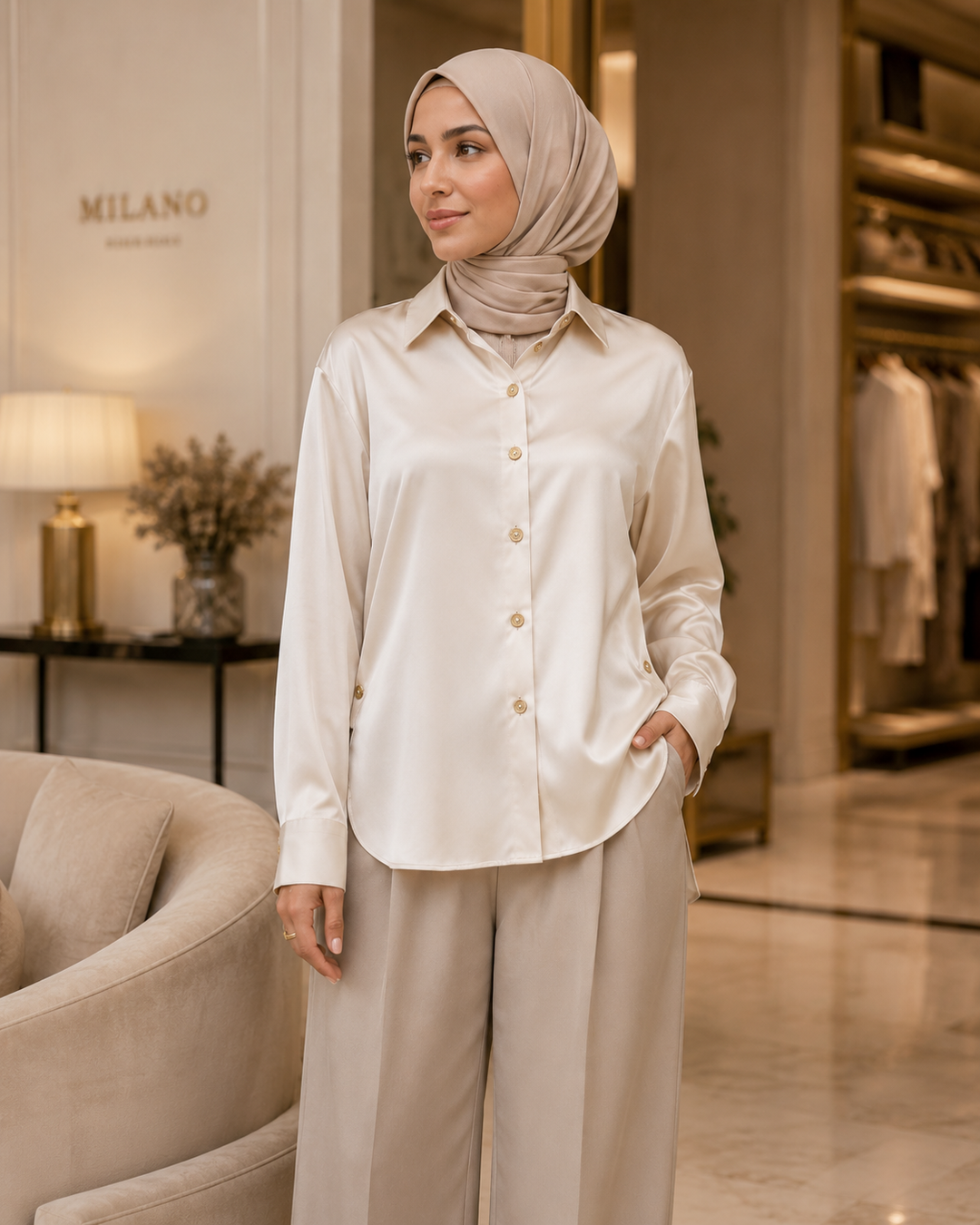 Women’s Luxury Satin Button-Up Blouse | بلوزة نسائية ساتان فاخرة بأزرار