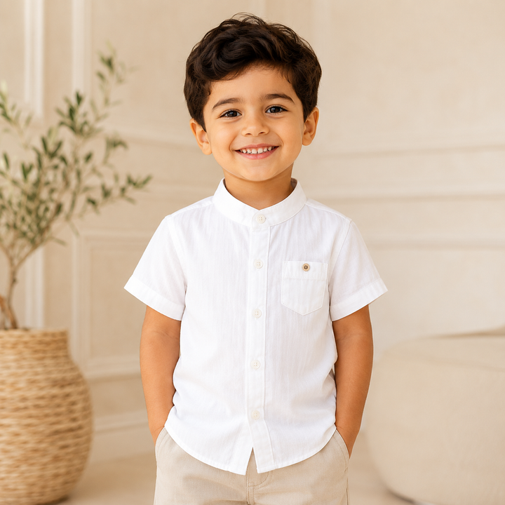 Boys’ Cotton Mandarin Collar Shirt 2–6 Years | قميص أولاد قطني بياقة ماندارين لعمر ٢–٦ سنوات