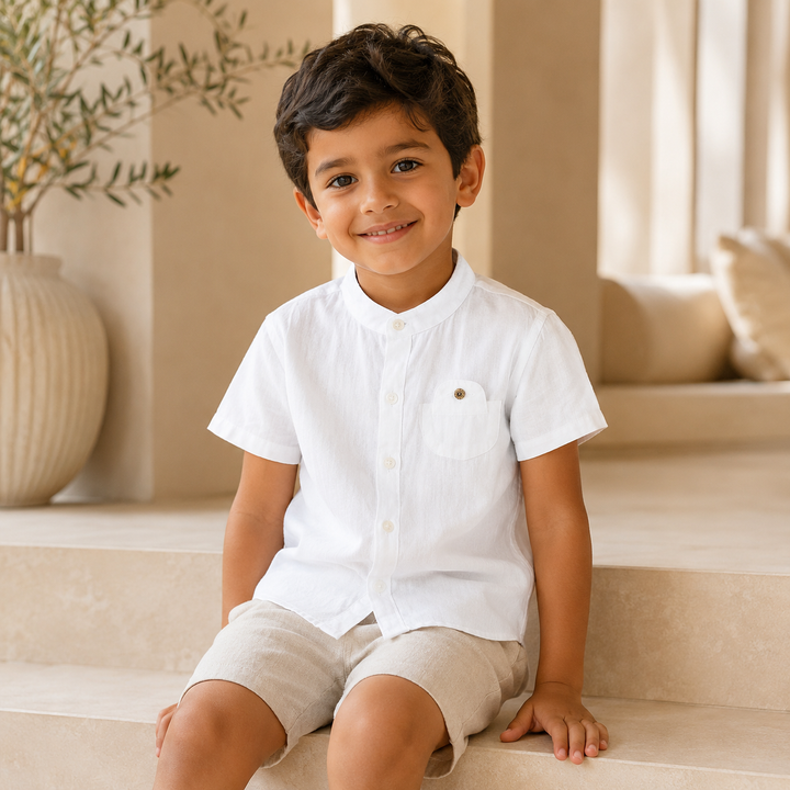 Boys’ Cotton Mandarin Collar Shirt 2–6 Years | قميص أولاد قطني بياقة ماندارين لعمر ٢–٦ سنوات