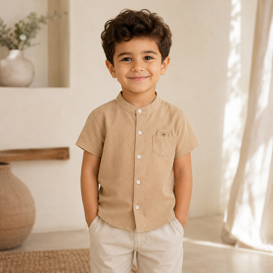 Boys’ Cotton Mandarin Collar Shirt 2–6 Years | قميص أولاد قطني بياقة ماندارين لعمر ٢–٦ سنوات