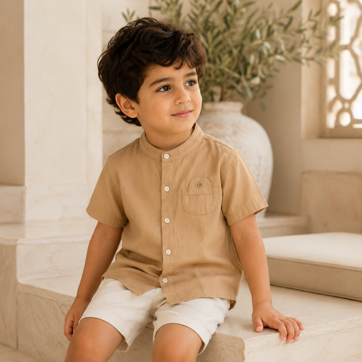 Boys’ Cotton Mandarin Collar Shirt 2–6 Years | قميص أولاد قطني بياقة ماندارين لعمر ٢–٦ سنوات