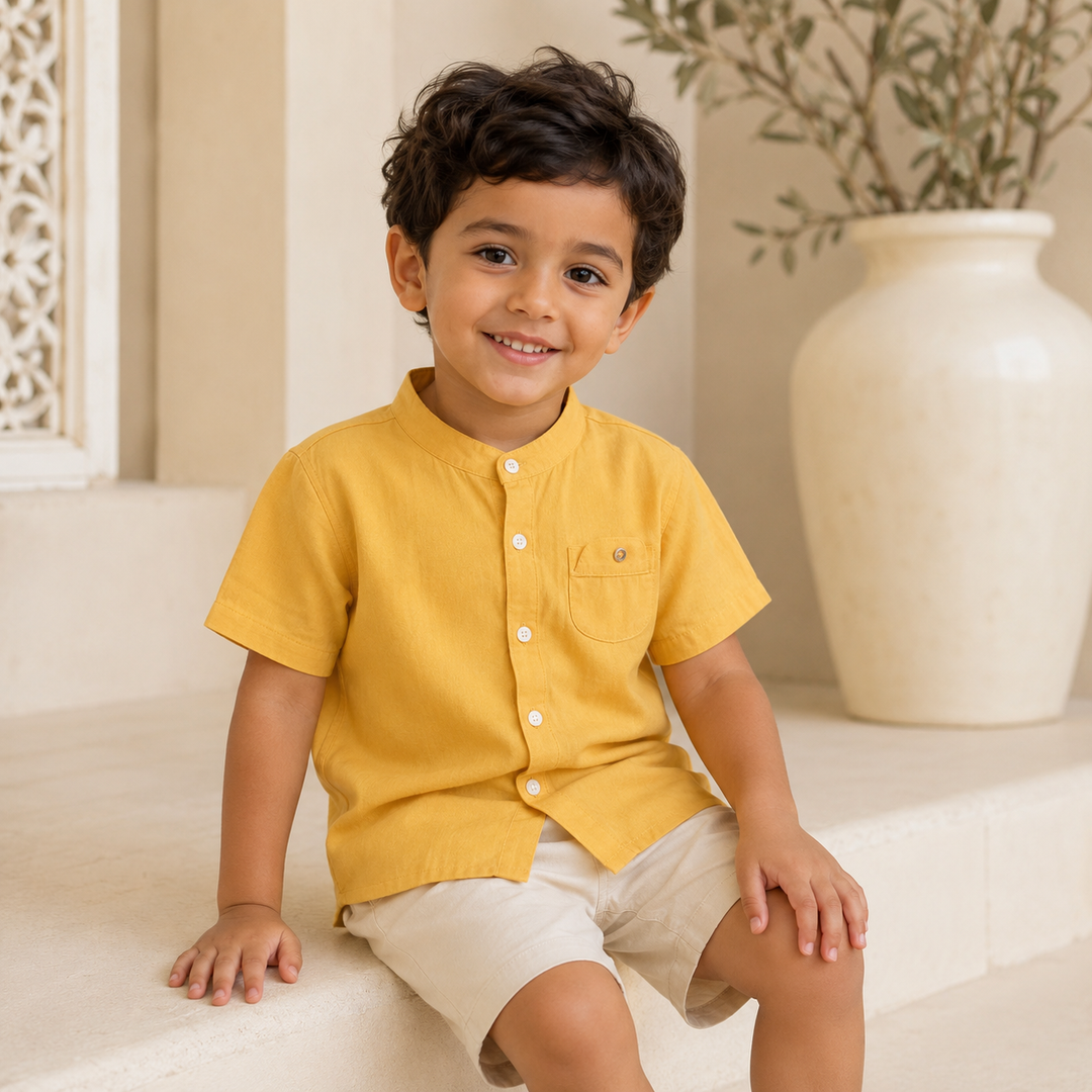 Boys’ Cotton Mandarin Collar Shirt 2–6 Years | قميص أولاد قطني بياقة ماندارين لعمر ٢–٦ سنوات