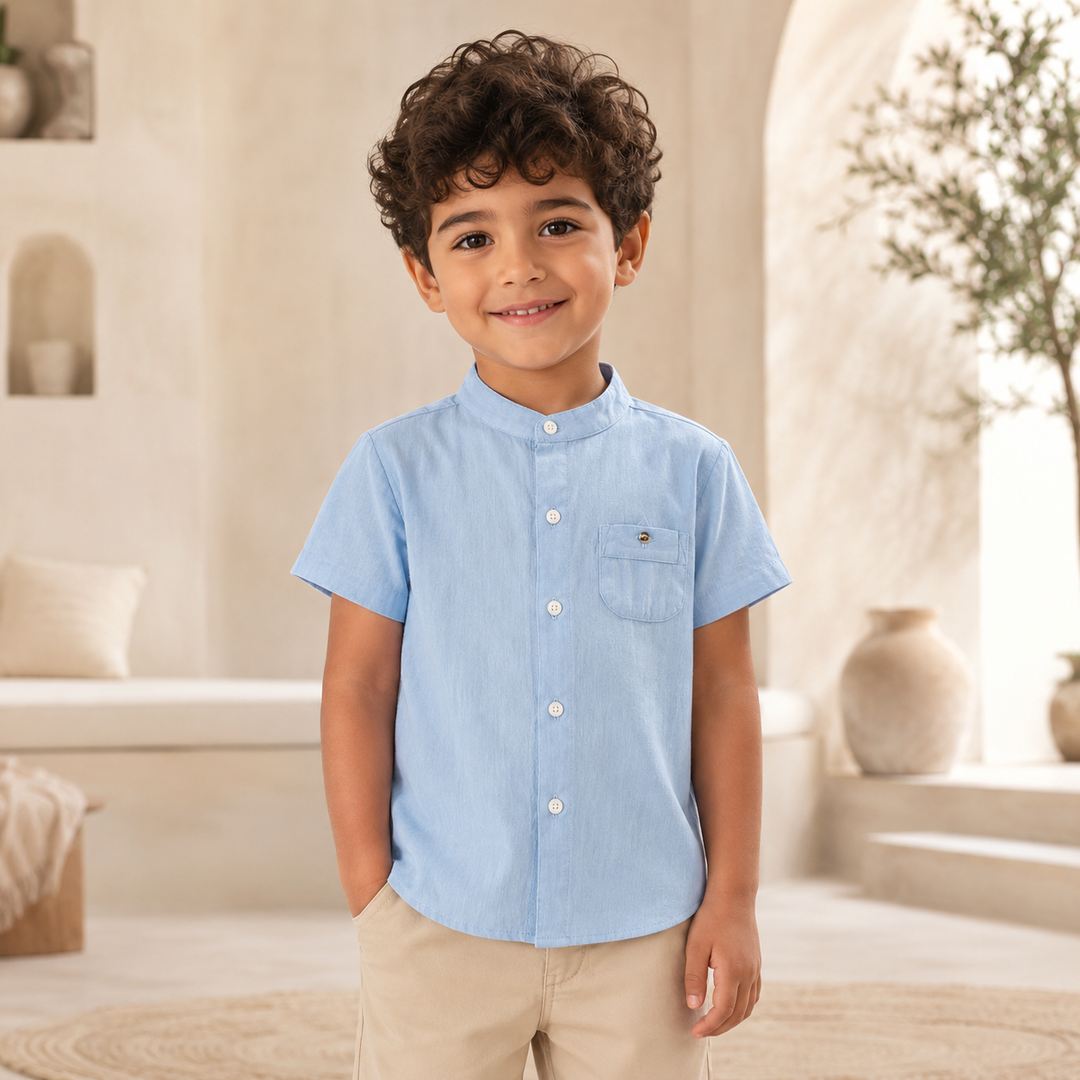 Boys’ Cotton Mandarin Collar Shirt 2–6 Years | قميص أولاد قطني بياقة ماندارين لعمر ٢–٦ سنوات