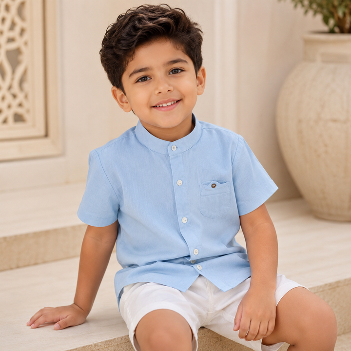 Boys’ Cotton Mandarin Collar Shirt 2–6 Years | قميص أولاد قطني بياقة ماندارين لعمر ٢–٦ سنوات