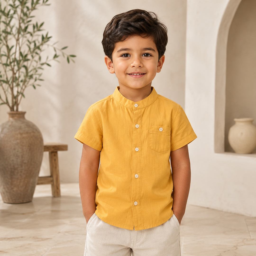 Boys’ Cotton Mandarin Collar Shirt 2–6 Years | قميص أولاد قطني بياقة ماندارين لعمر ٢–٦ سنوات