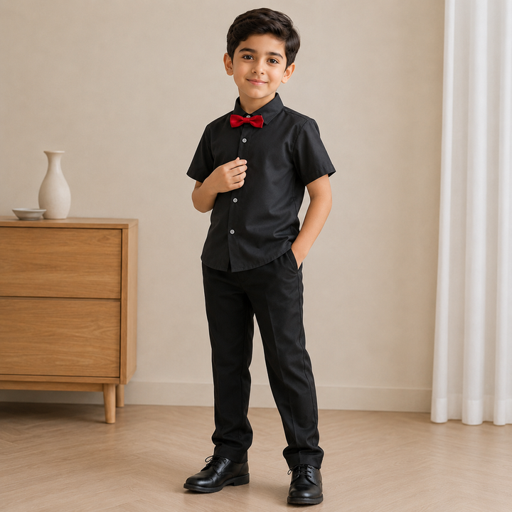Boys’ Formal Short Sleeve Shirt with Bow/Tie 4–16Y | قميص أولاد رسمي قصير الأكمام لعمر ٤–١٦ سنة