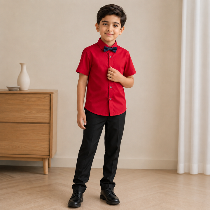 Boys’ Formal Short Sleeve Shirt with Bow/Tie 4–16Y | قميص أولاد رسمي قصير الأكمام لعمر ٤–١٦ سنة