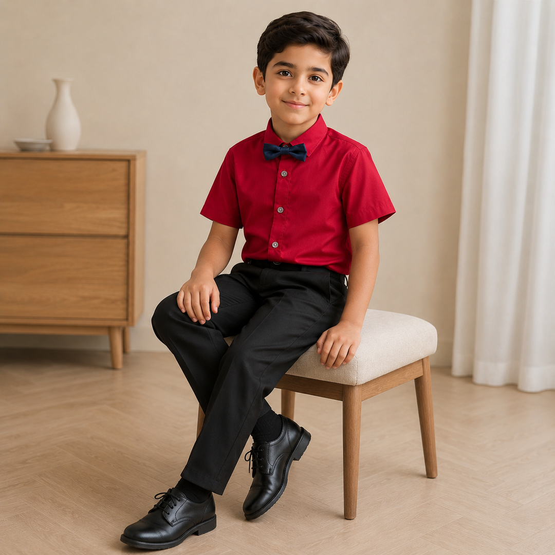 Boys’ Formal Short Sleeve Shirt with Bow/Tie 4–16Y | قميص أولاد رسمي قصير الأكمام لعمر ٤–١٦ سنة