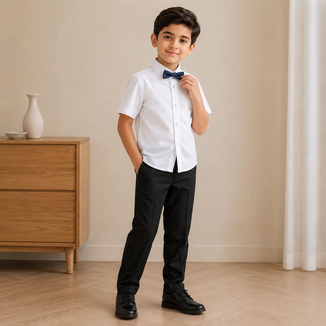 Boys’ Formal Short Sleeve Shirt with Bow/Tie 4–16Y | قميص أولاد رسمي قصير الأكمام لعمر ٤–١٦ سنة