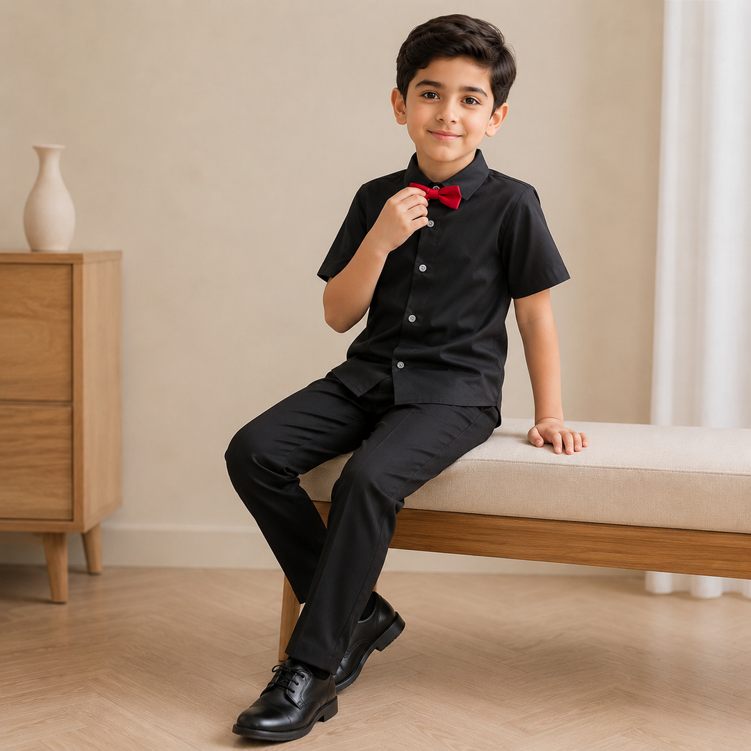 Boys’ Formal Short Sleeve Shirt with Bow/Tie 4–16Y | قميص أولاد رسمي قصير الأكمام لعمر ٤–١٦ سنة