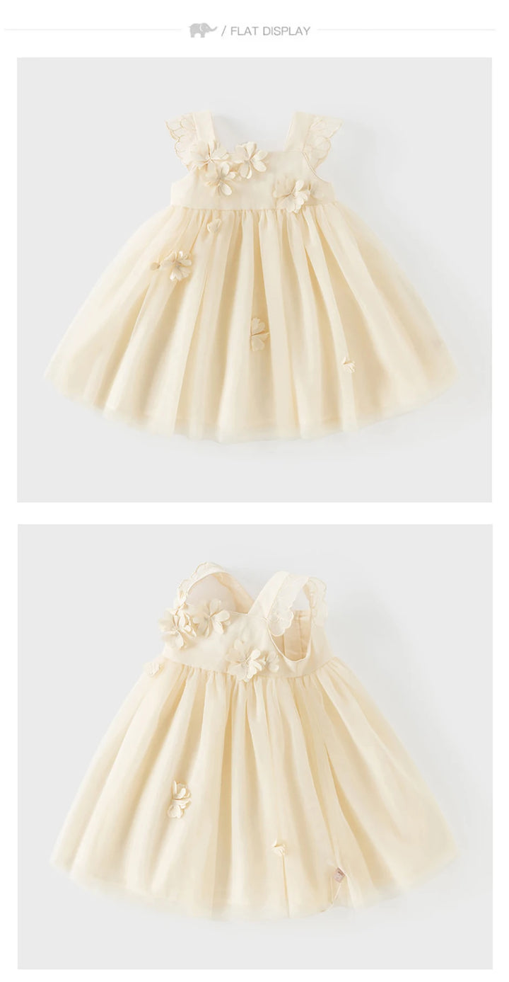 Girls Light Yellow Embroidered Mesh Dress