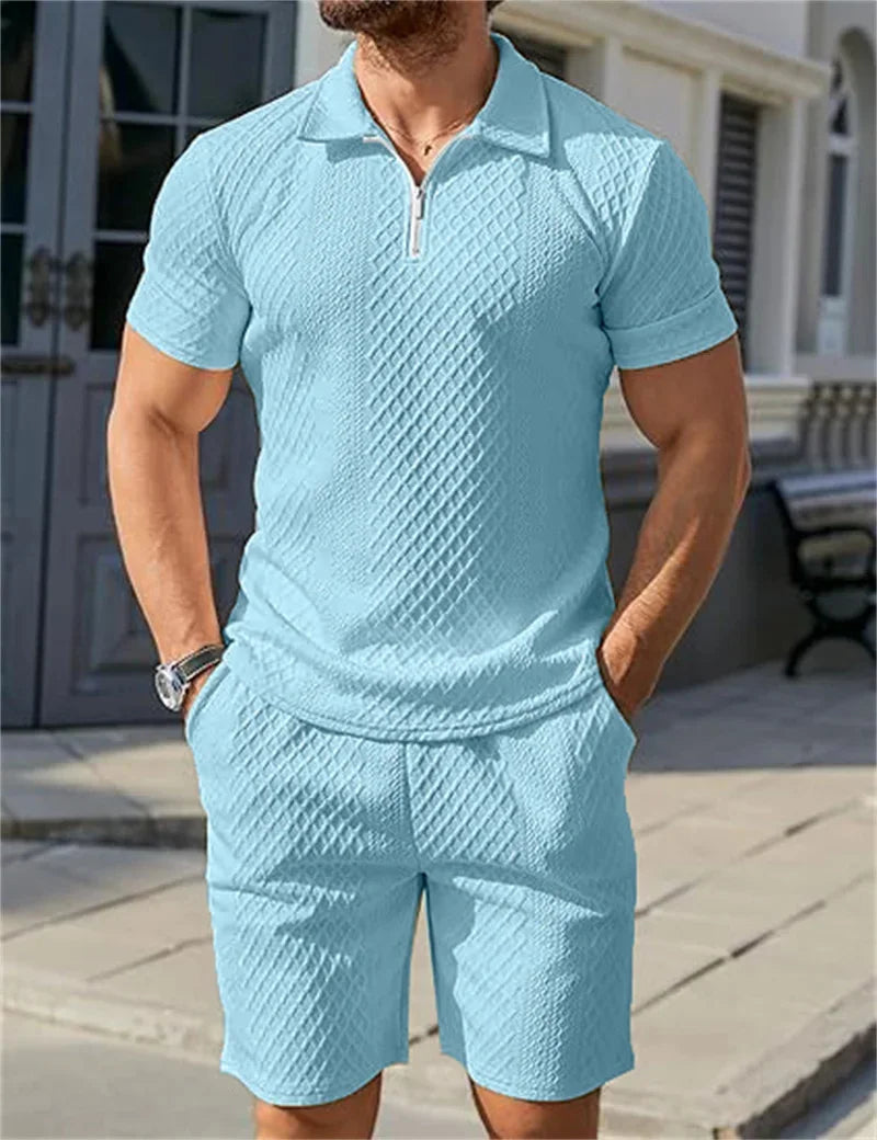 Men’s Jacquard Half-Zip Polo & Shorts Set | طقم رجالي بولو جاكار بسحاب وشورت