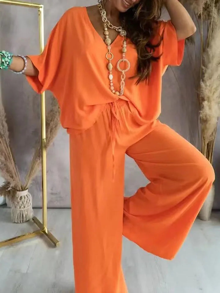 Women’s Casual 2-Piece Set | V-Neck Bat Sleeve Top & Wide-Leg Pants