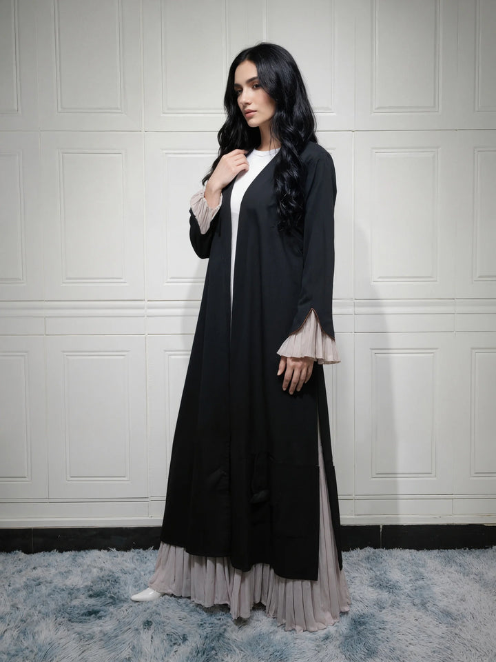 Abaya Pleated Patchwork Design | Muslim Women Open Front Long Kaftan