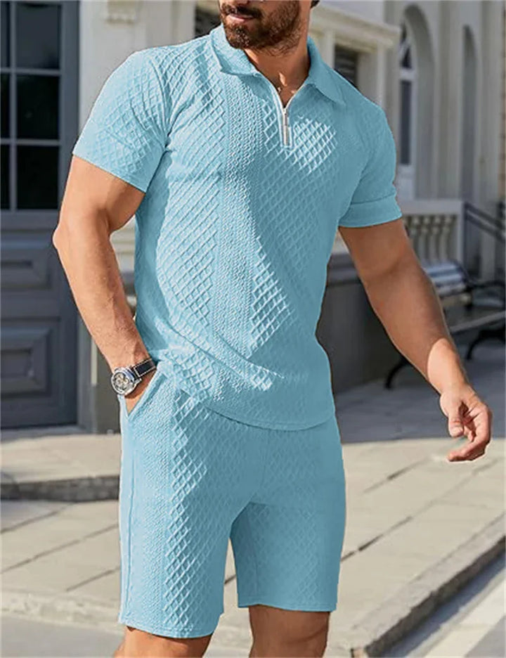 Men’s Jacquard Half-Zip Polo & Shorts Set | طقم رجالي بولو جاكار بسحاب وشورت