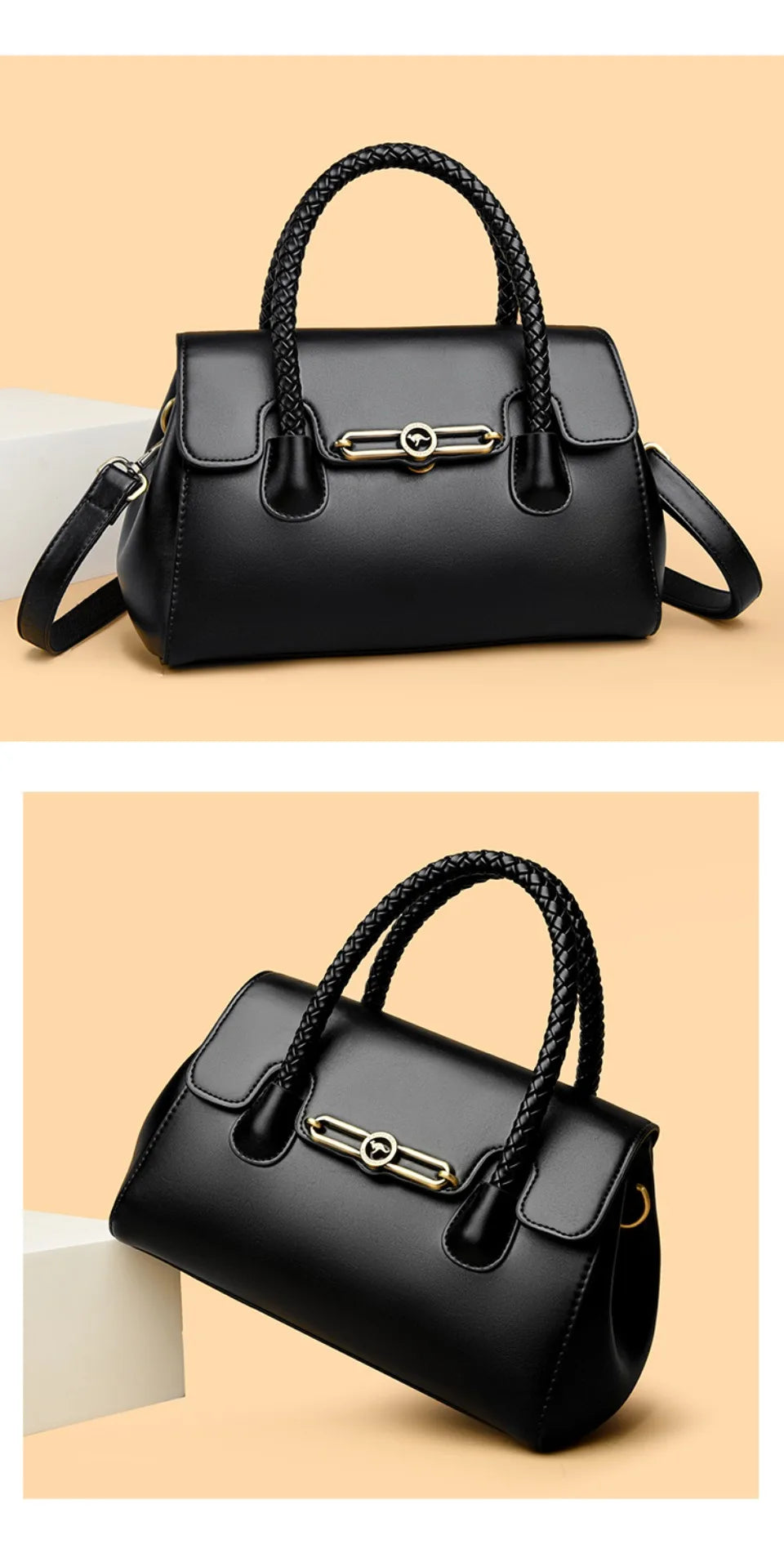 Women’s Woven-Handle Leather Handbag | حقيبة جلد نسائية بمقبض منسوج