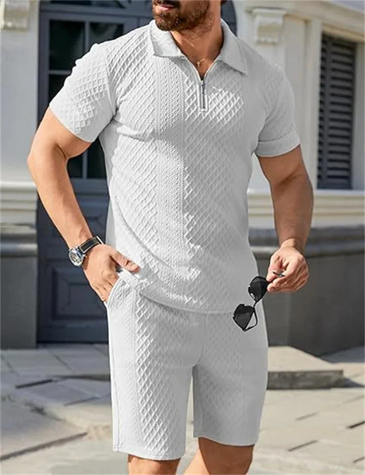 Men’s Jacquard Half-Zip Polo & Shorts Set | طقم رجالي بولو جاكار بسحاب وشورت