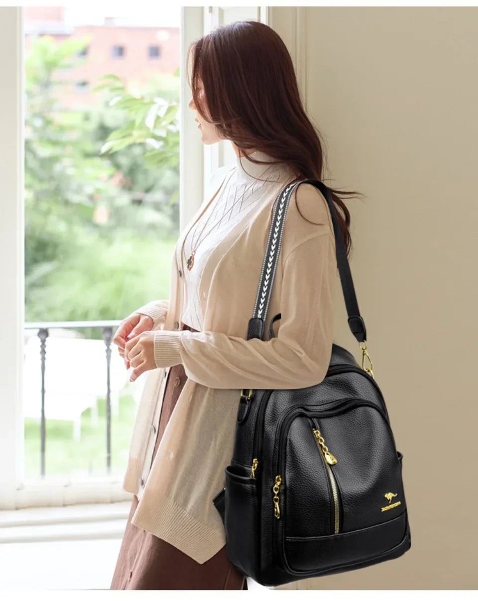 Women’s Leather-Look Travel Backpack | حقيبة ظهر نسائية أنيقة للسفر